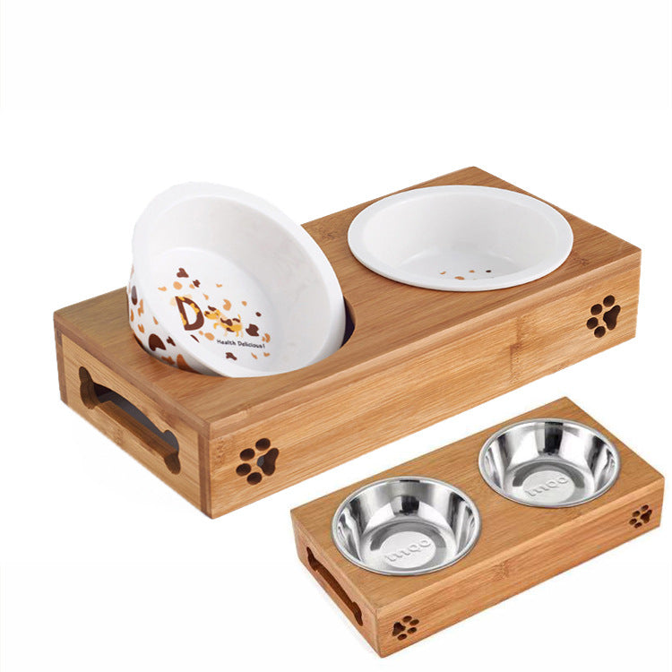 Bamboo Cat Bowl Stand & Tableware Set
