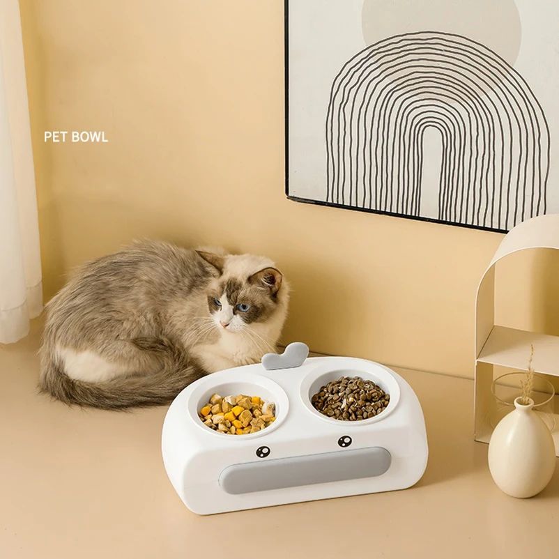 Duck Design Pet Double Bowl Plastic Kitten Dog Food Drinking Tray...