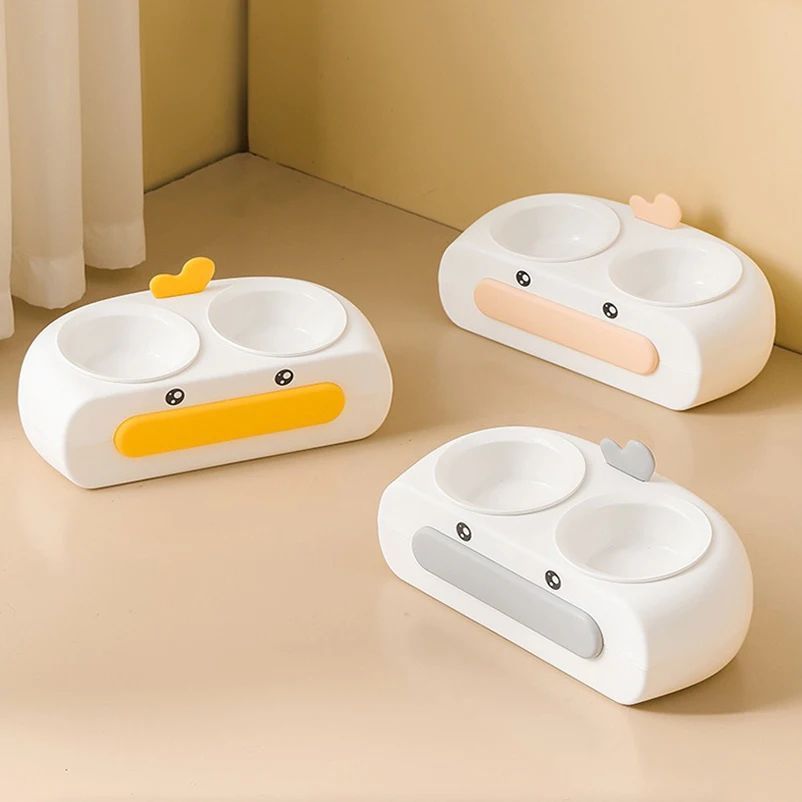 Duck Design Pet Double Bowl Plastic Kitten Dog Food Drinking Tray...