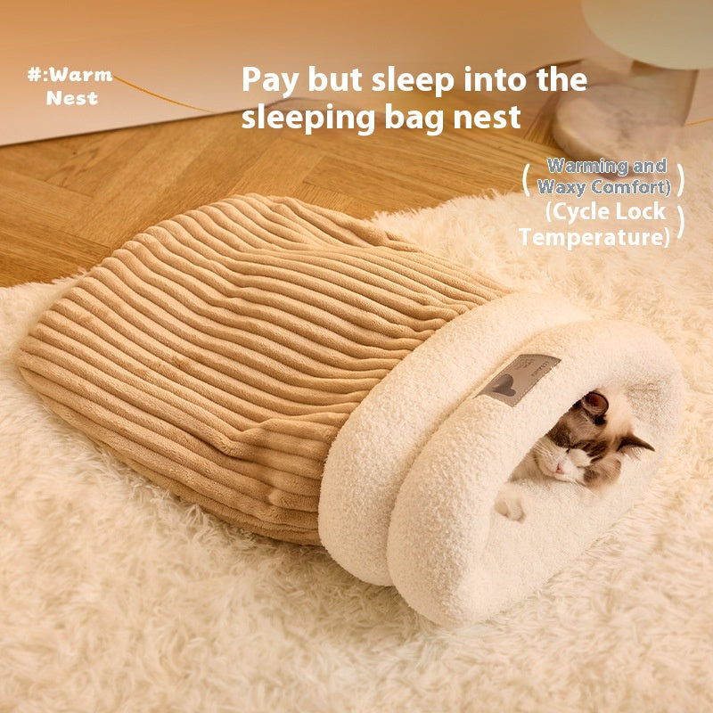 Pet Sleeping Bag Winter Warm Soft Plush Semi Enclosed Cat Nest...