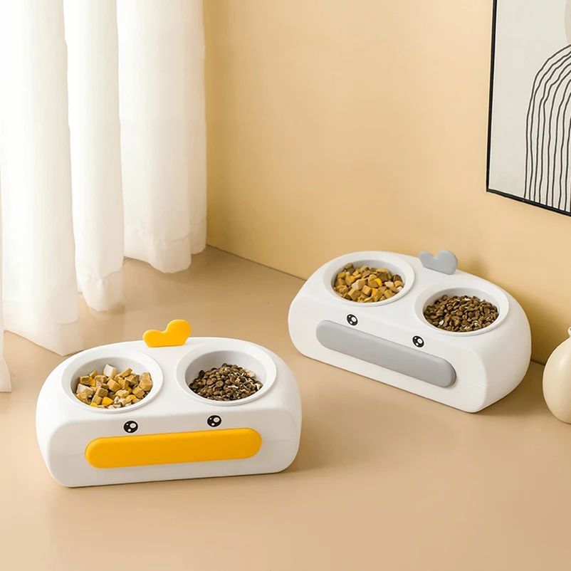 Duck Design Pet Double Bowl Plastic Kitten Dog Food Drinking Tray...