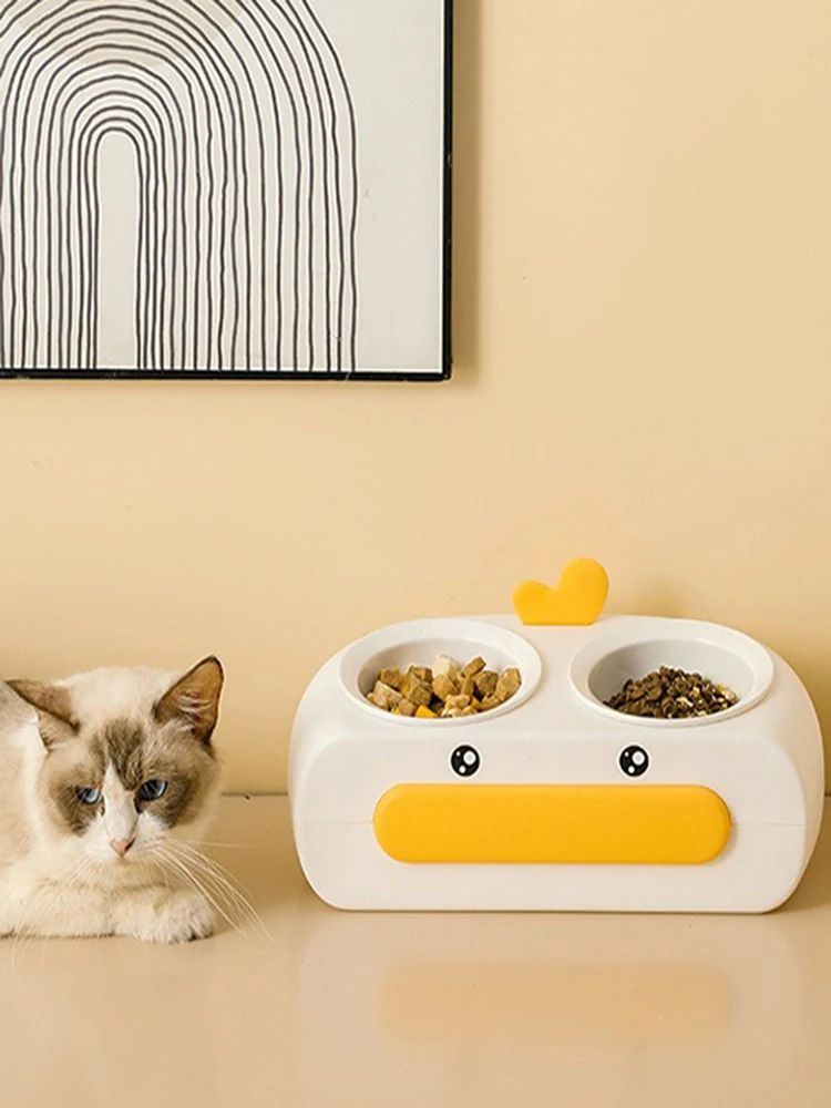 Duck Design Pet Double Bowl Plastic Kitten Dog Food Drinking Tray...